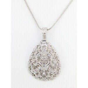 Silver Plated Big Pendant Necklace Rhinestone Filigree Magnetic Drop Long 21in